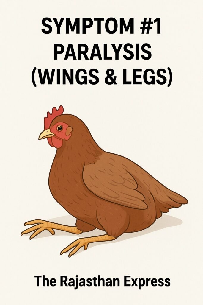 Chicken with advanced Marek's Disease showing paralysis of the legs and wings, unable to walk