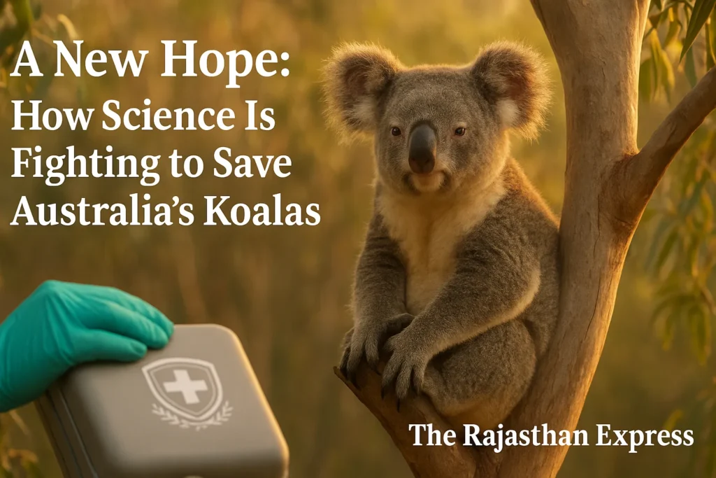 A powerful, horizontal shot of a healthy koala sitting high in the fork of a eucalyptus tree during the golden hour (sunrise/sunset). The light catches its fur, making it look serene and resilient. In the foreground, slightly out of focus but recognizable, is the gloved hand of a veterinarian resting on a medical case with the distinct logo of the University of the Sunshine Coast (UniSC). This symbolizes protection and scientific intervention in the koala's natural habitat.