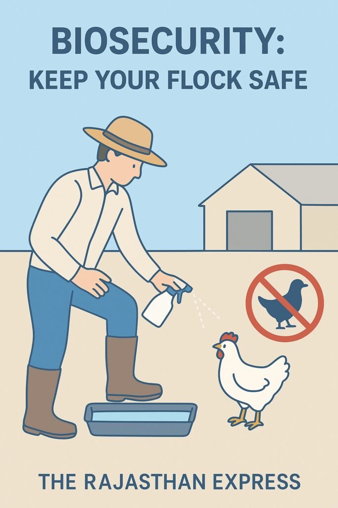 Farmer practicing biosecurity by disinfecting boots before entering a poultry house