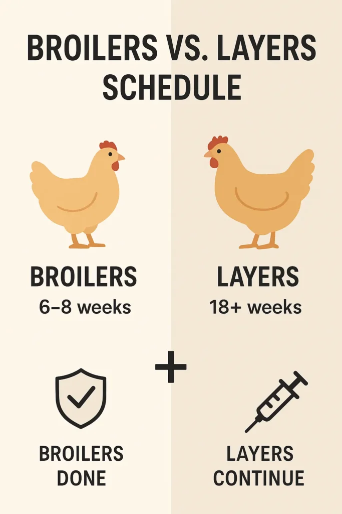 Infographic differentiating the vaccination needs of short-cycle broilers vs long-living layers