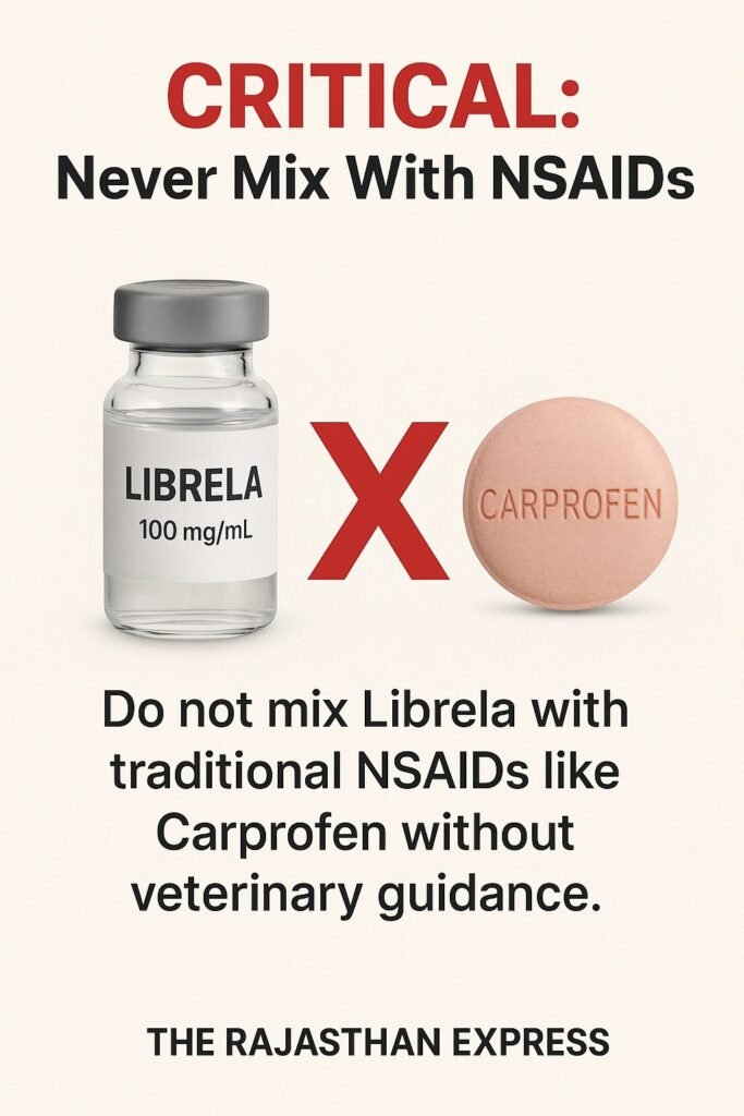 Important drug interaction warning: Do not mix Librela with traditional NSAIDs like carprofen without veterinary guidance