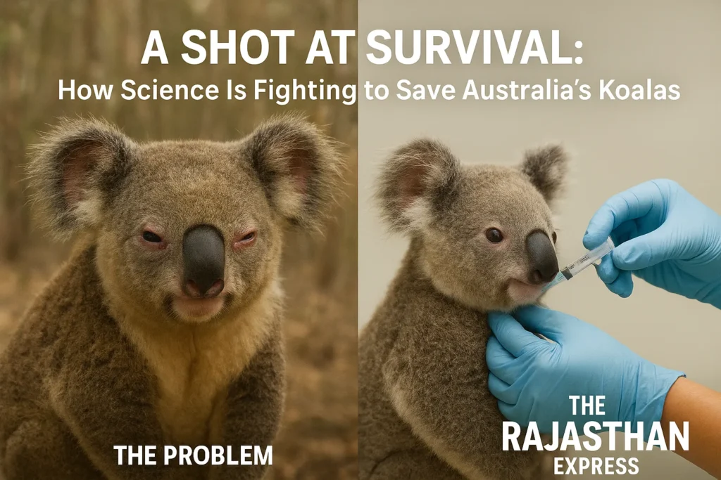 A powerful split-image composition that tells the complete story of the vaccine's purpose—contrasting the threat of the disease with the hope of scientific intervention. Left Side (The Problem): A compelling, close-up shot of a wild koala showing mild signs of chlamydia, specifically conjunctivitis (watery, partially closed eyes). The koala should look somewhat distressed but not severely ill, to evoke empathy without being overly shocking. The background is a blurred, dry eucalyptus forest, hinting at habitat pressure. Right Side (The Solution): A sharply focused image of a wildlife veterinarian gently administering the vaccine via a small syringe to the scruff of a koala's neck. This koala is being handled with care by a gloved hand, and its fur is clean and healthy. The background is soft and clinical, suggesting a wildlife hospital or conservation setting.