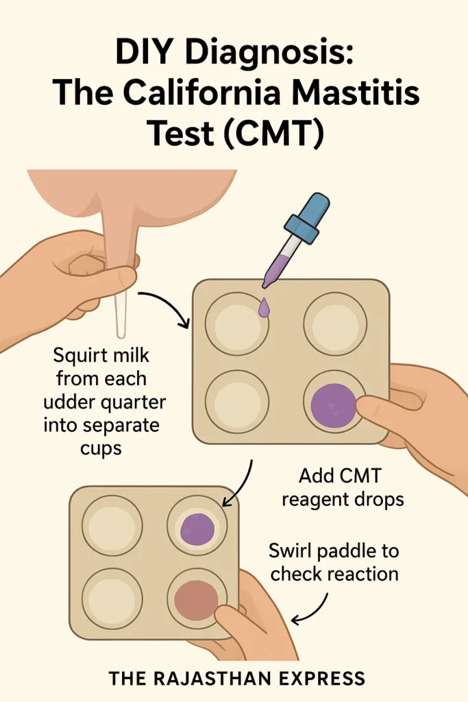 Step-by-step guide to performing a California Mastitis Test (CMT) to detect subclinical mastitis on the farm