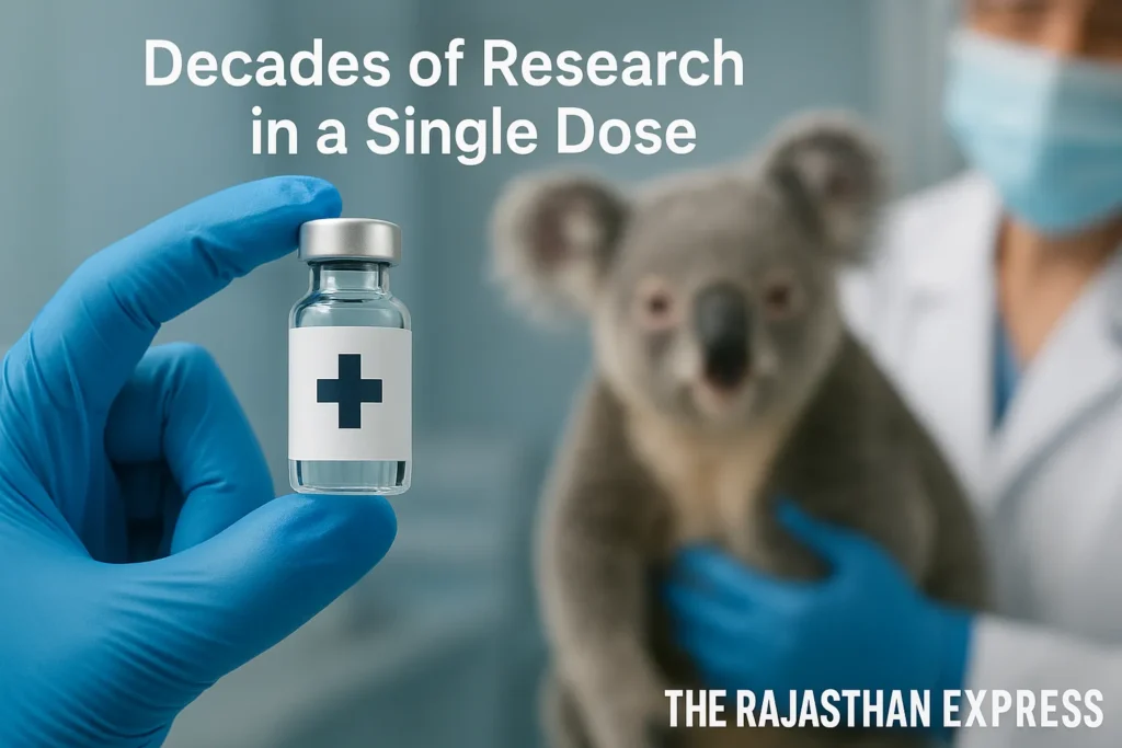 A clean, well-composed shot from a laboratory or wildlife hospital. The focus is on a single vial of the vaccine held delicately in a gloved hand, with a soft, out-of-focus background featuring a koala being examined by a vet team. The light glints off the glass of the vial, making it the central, heroic object. This emphasizes the scientific achievement.