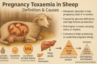 Biochemical diagram of Pregnancy Toxemia in sheep: shows how low blood glucose (hypoglycemia) in a pregnant ewe leads to fat mobilization and ketone body production (like β-hydroxybutyrate) in the liver.