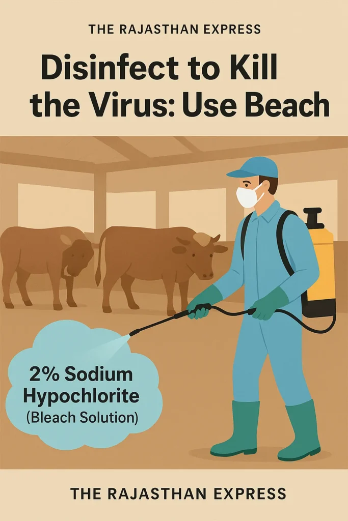 Farmer disinfecting a cattle shed with sodium hypochlorite to kill the Lumpy Skin Disease virus