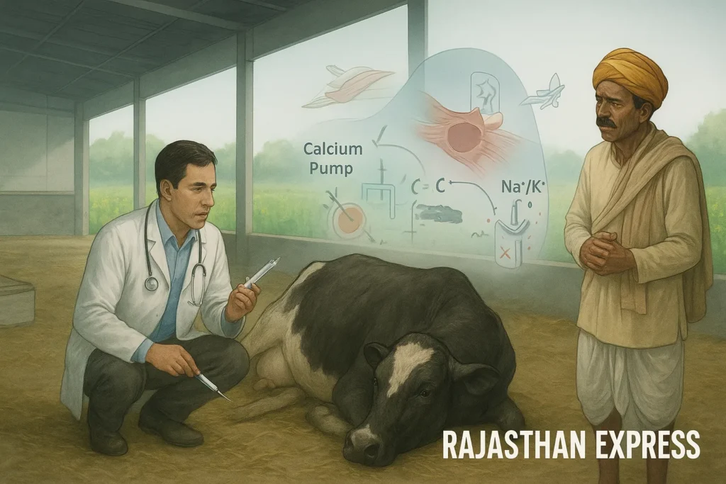 A recumbent downer cow unable to stand due to muscle weakness, with a veterinarian explaining the biochemical cause to a farmer, featuring an overlay of failed ATP, calcium, and Na+/K+ pumps.