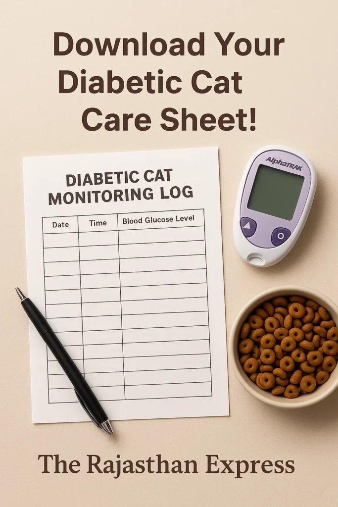 Free downloadable guide and monitoring sheet for owners of diabetic cats to help manage their condition and prevent DKA