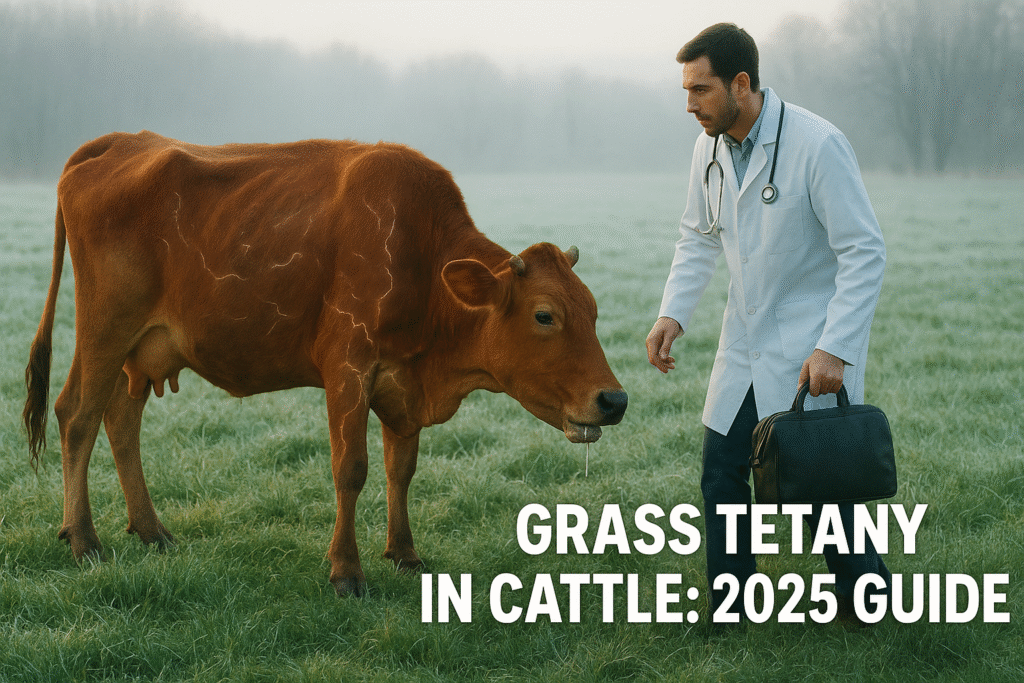 Veterinarian diagnosing a cow with early signs of Grass Tetany in a winter pasture. The cow shows muscle twitching, stiffness, and drooling while standing on lush green grass.
