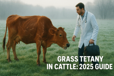 Veterinarian diagnosing a cow with early signs of Grass Tetany in a winter pasture. The cow shows muscle twitching, stiffness, and drooling while standing on lush green grass.