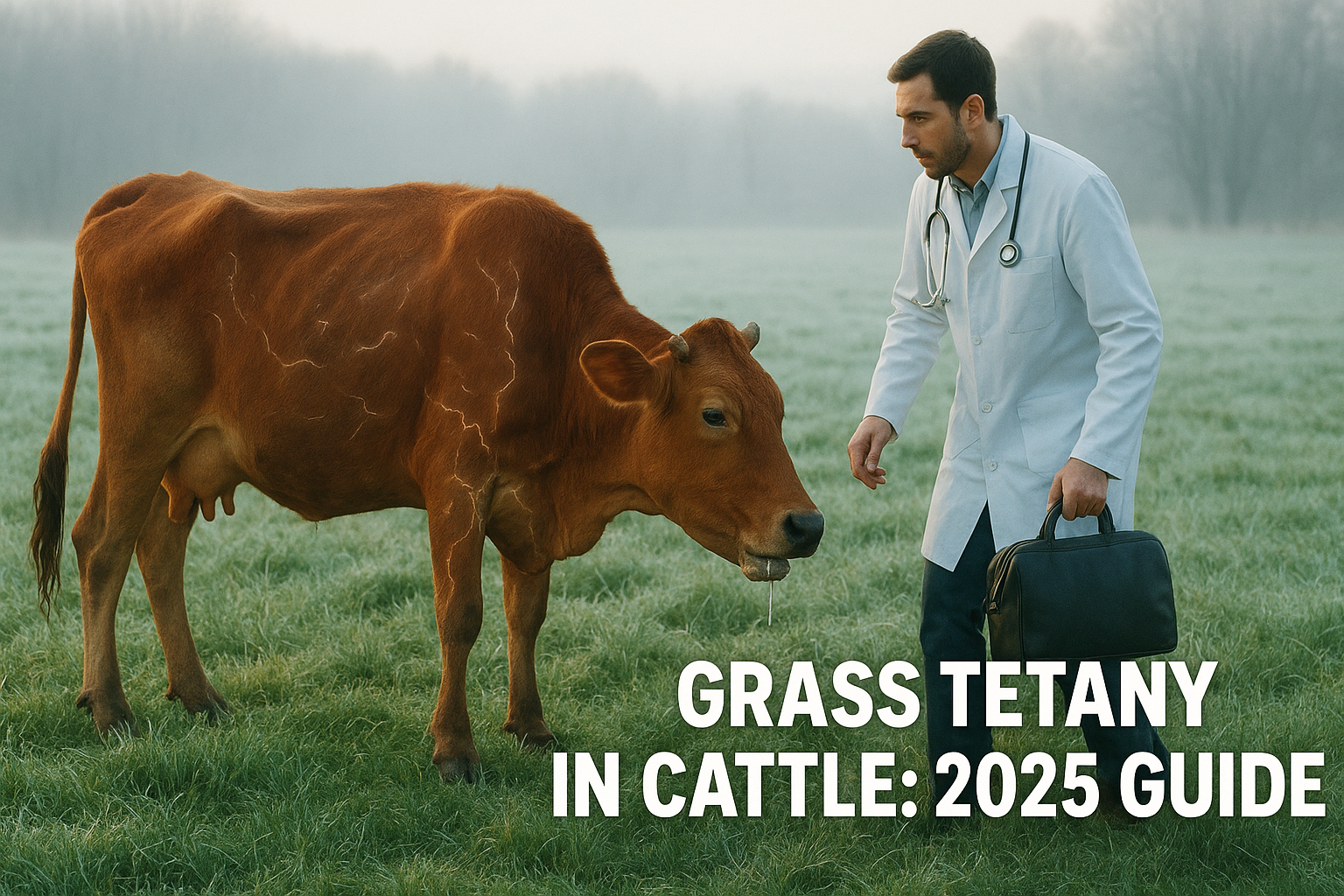Veterinarian diagnosing a cow with early signs of Grass Tetany in a winter pasture. The cow shows muscle twitching, stiffness, and drooling while standing on lush green grass.