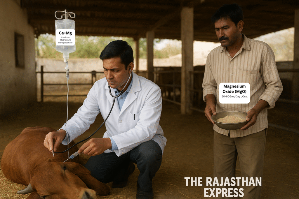 Veterinarian providing emergency IV treatment for a cow with Grass Tetany, slowly administering a calcium-magnesium solution via the jugular vein while monitoring the heart with a stethoscope.