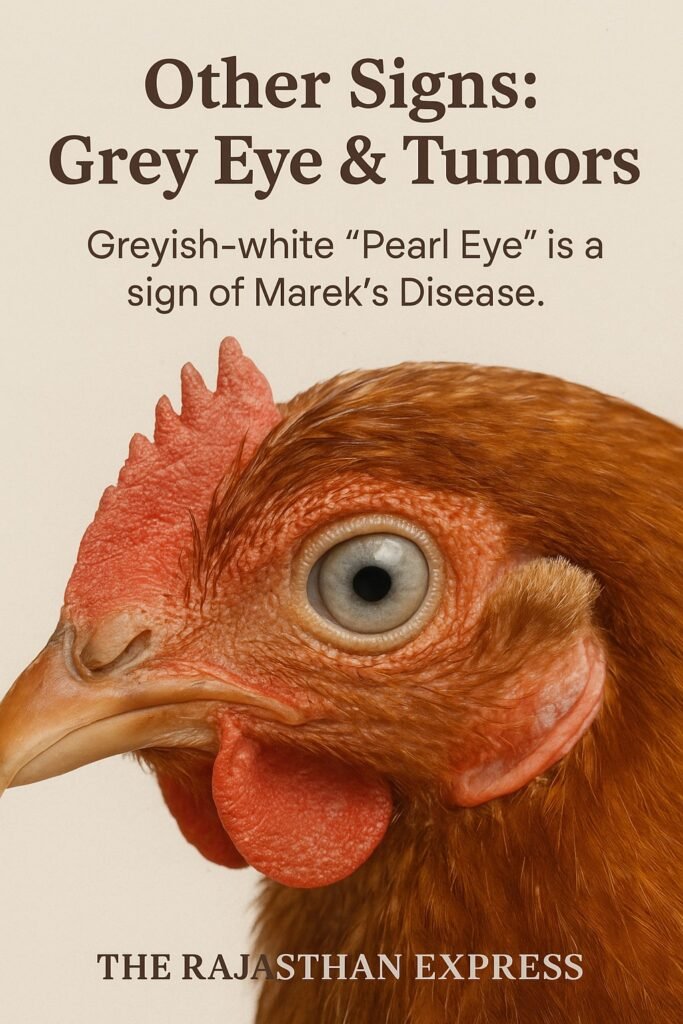 Close-up of a chicken's eye with the greyish discoloration (Pearl Eye) caused by Marek's Disease