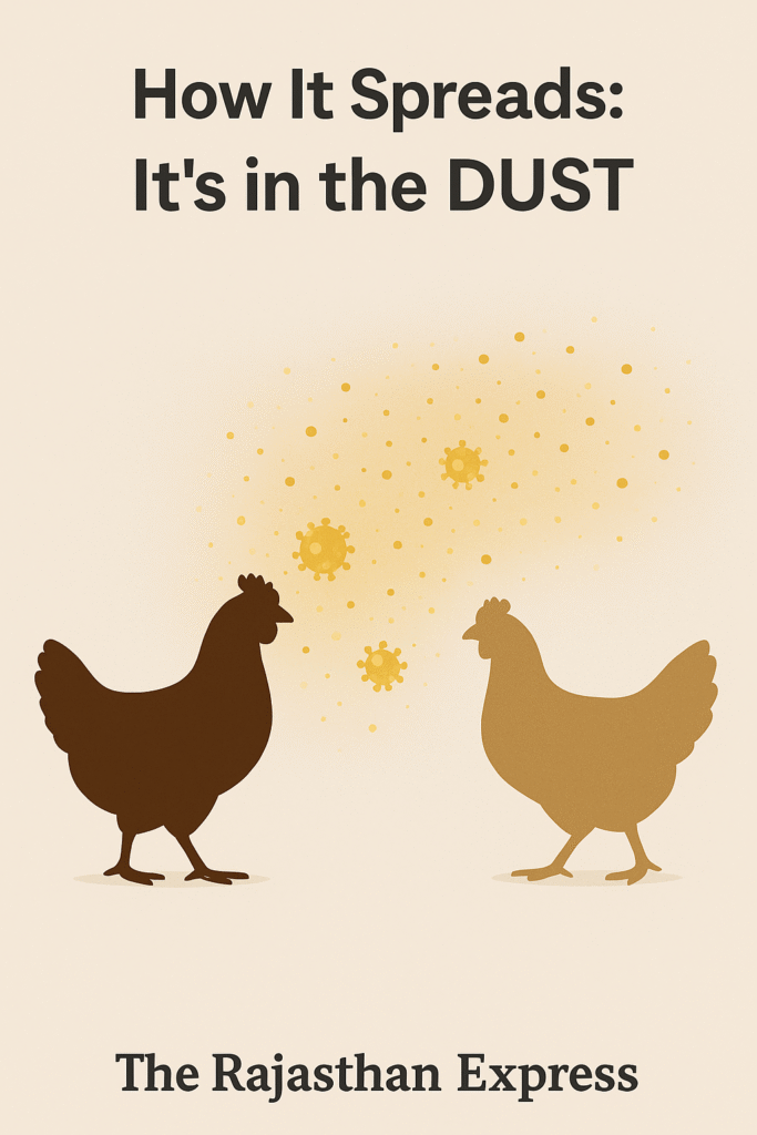 Animated graphic showing how Marek's Disease virus spreads through contaminated dust and dander