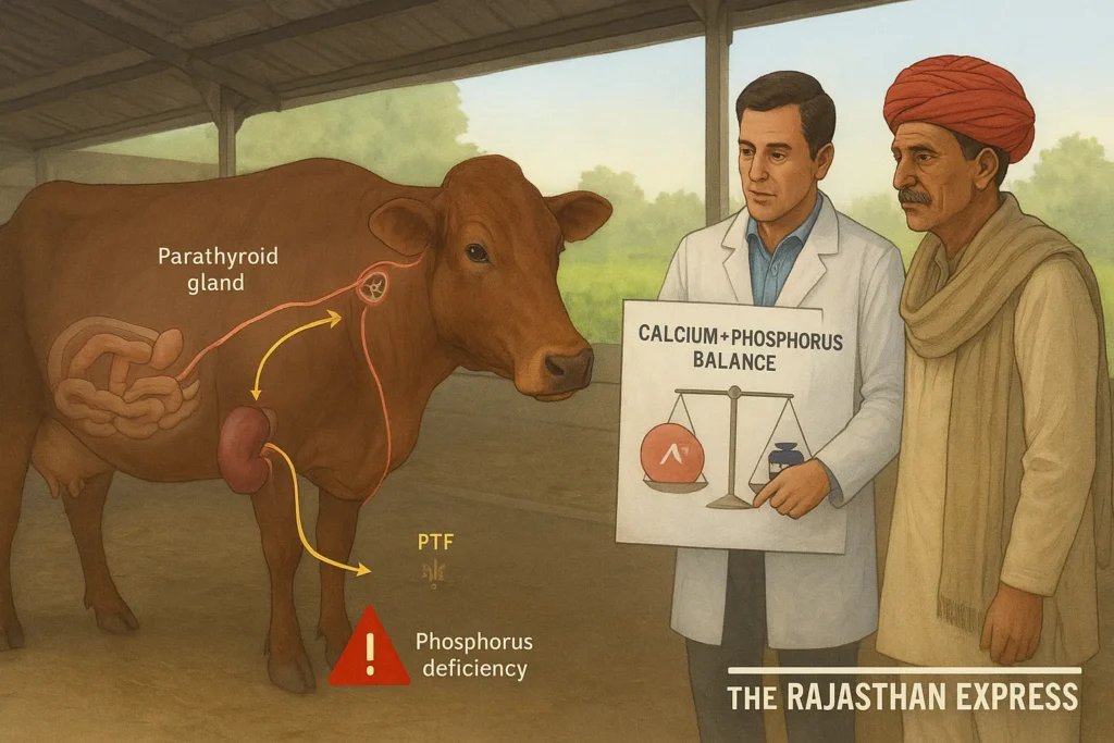 Educational illustration of a dairy cow showing the metabolic pathway of PTH hormone, calcitriol production, and how phosphorus deficiency disrupts intestinal calcium absorption.