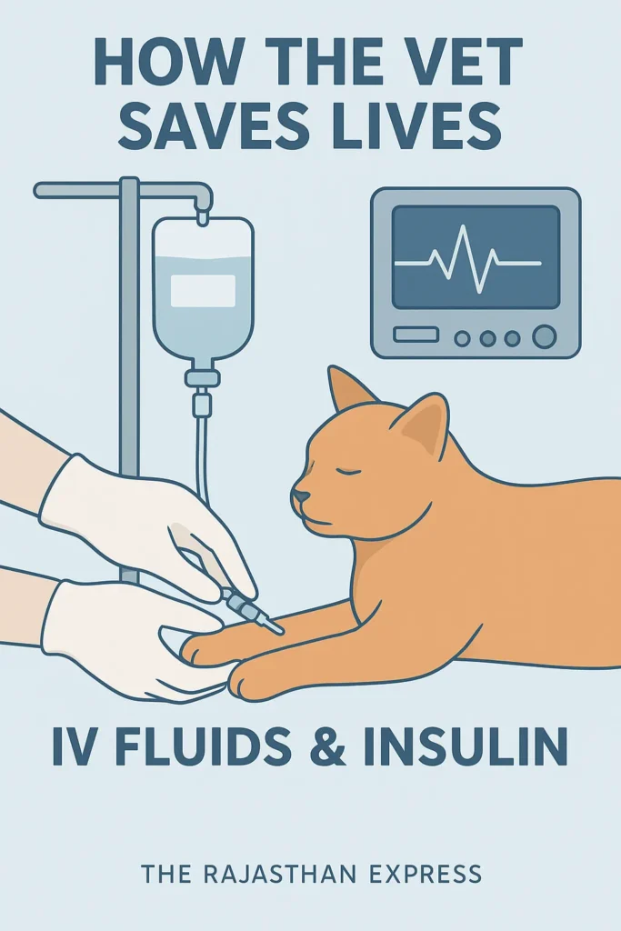 Veterinary emergency treatment for feline diabetic ketoacidosis with IV fluid therapy and insulin administration