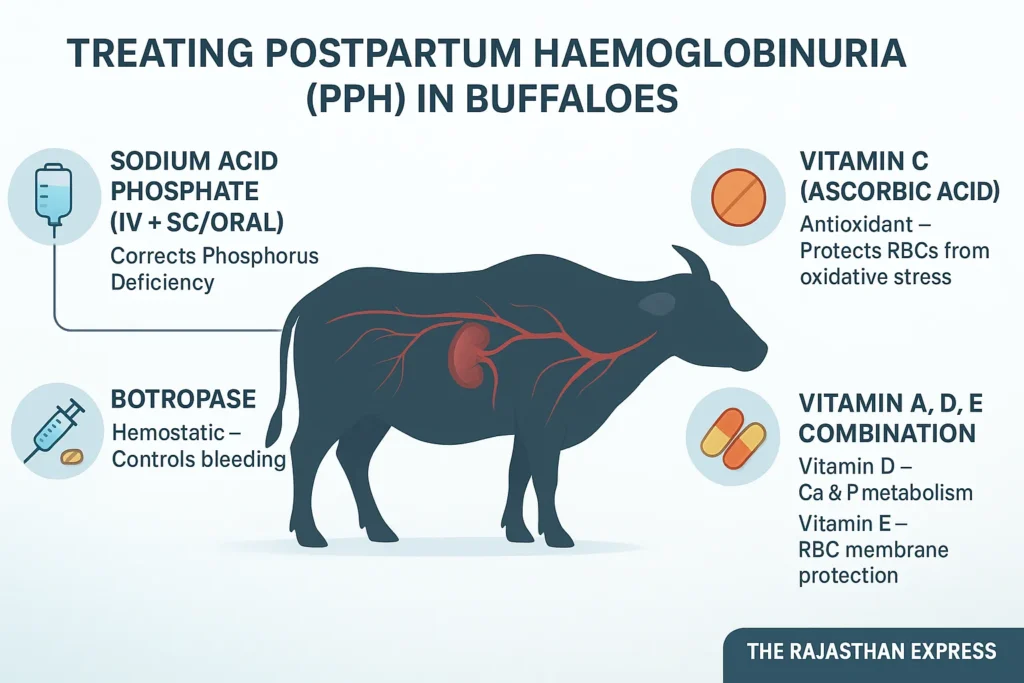 Infographic detailing the veterinary treatment protocol for Buffalo Haemoglobinuria, including Sodium Acid Phosphate, Vitamins C, A, D, E, and hemostatic agents.