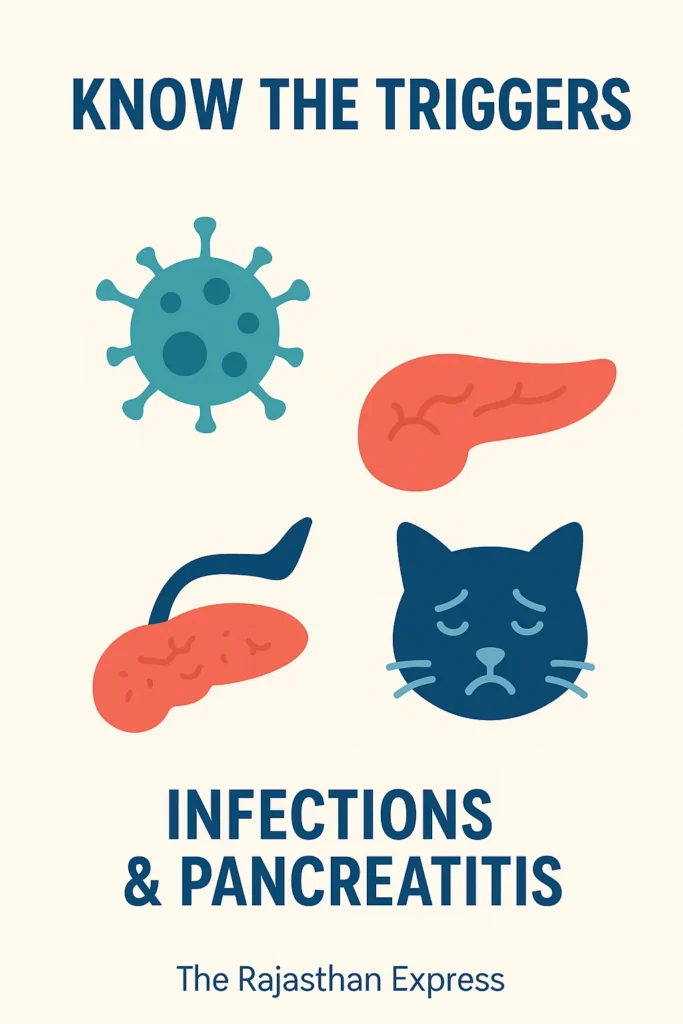 Infographic on common triggers for DKA in cats including urinary infections, pancreatitis, and stress