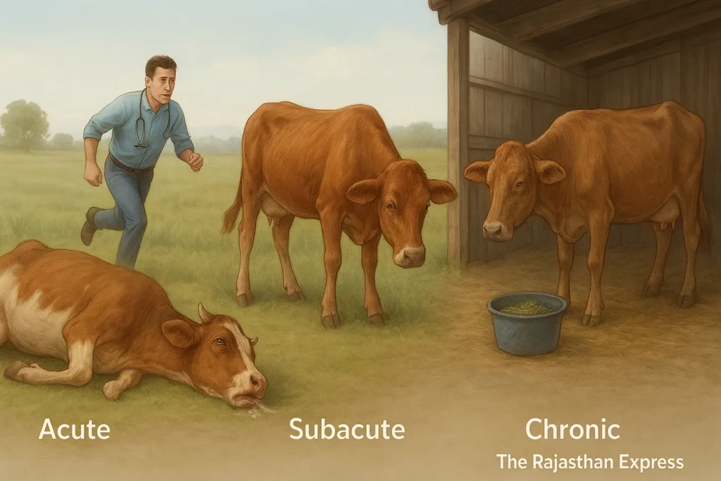 Veterinary guide to the three stages of Grass Tetany in cows: acute stage with convulsions and frothing, subacute stage with stiff gait and tremors, and chronic stage with lethargy and poor appetite.