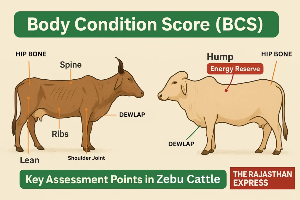 Physical Assessment Points Backbone/Spine – check fat covering over vertebrae Hip Bones (Hook & Pin) – assess fat layer Ribs – palpation to gauge fat and muscle Base of Tail (Tailhead) – fat deposition observation Shoulder & Neck – evaluate obesity or fat distribution Hump (Zebu Cattle & Camels) – size, fullness, texture, and firmness indicate energy reserves