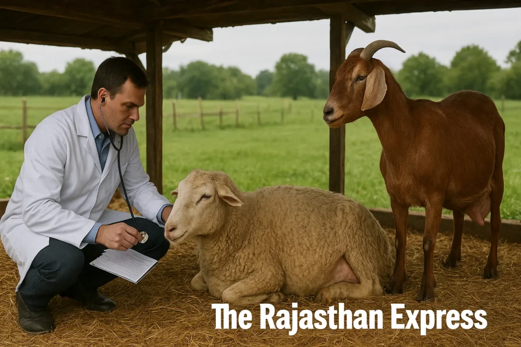 Veterinarian on a farm diagnosing a weak, pregnant ewe with suspected Pregnancy Toxemia while a pregnant goat stands nearby in a straw-bedded shed.