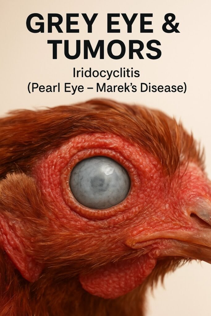 Close-up of a chicken's eye with the greyish discoloration (Pearl Eye) caused by Marek's Disease