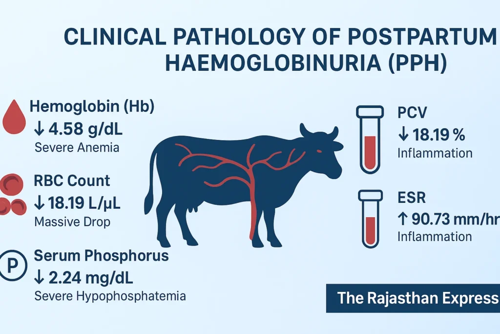 Veterinary medical infographic showing key blood test results for a buffalo with Postpartum Haemoglobinuria, including severe anemia, low RBC count, PCV, and phosphorus.