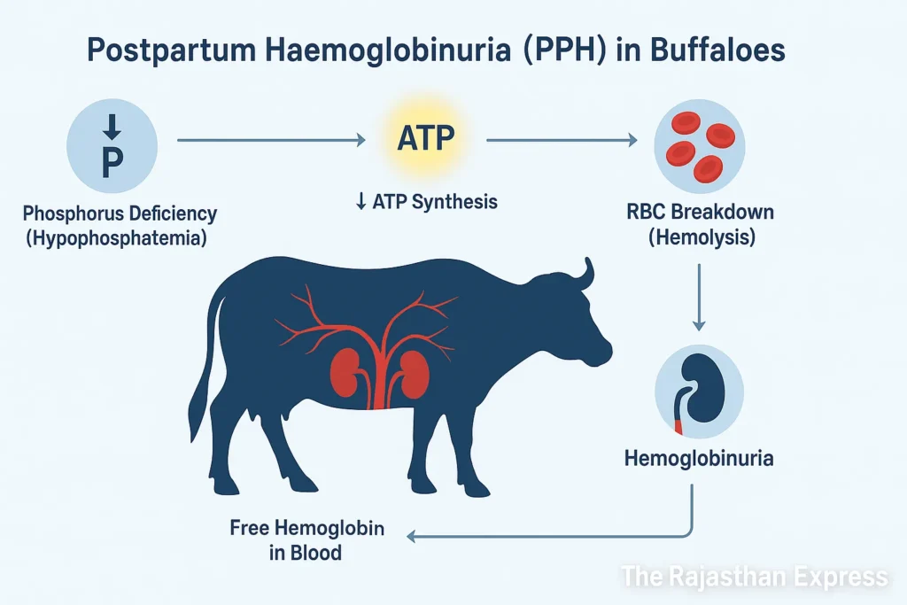 Medical infographic explaining the disease process of Postpartum Haemoglobinuria in buffaloes, from phosphorus deficiency to RBC breakdown and haemoglobinuria.