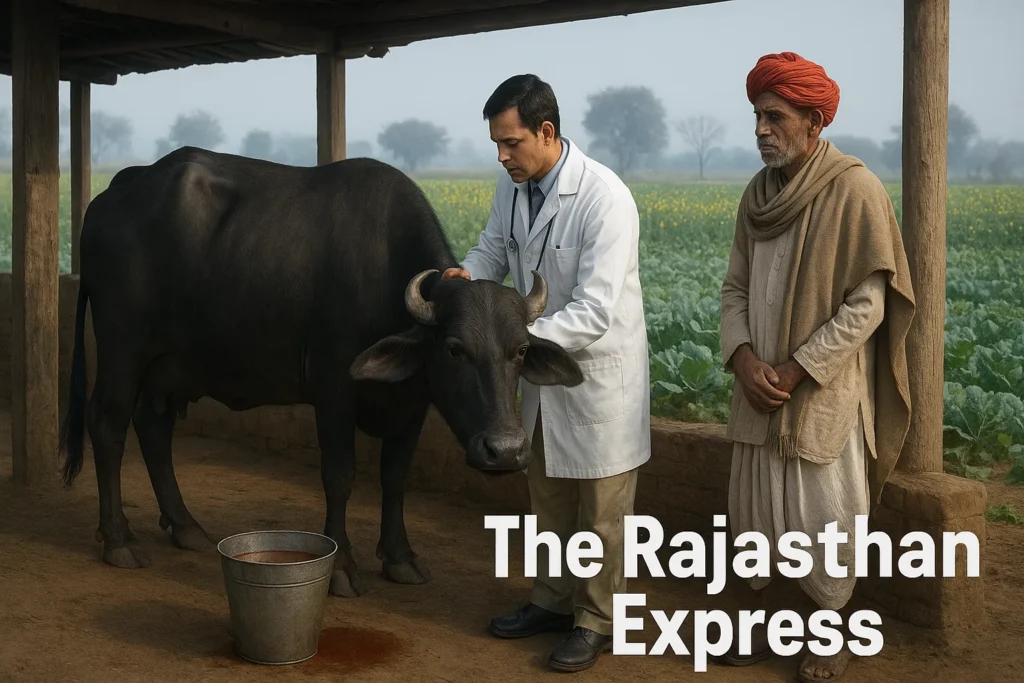 Medical infographic explaining the disease process of Postpartum Haemoglobinuria in buffaloes, from phosphorus deficiency to RBC breakdown and haemoglobinuria.