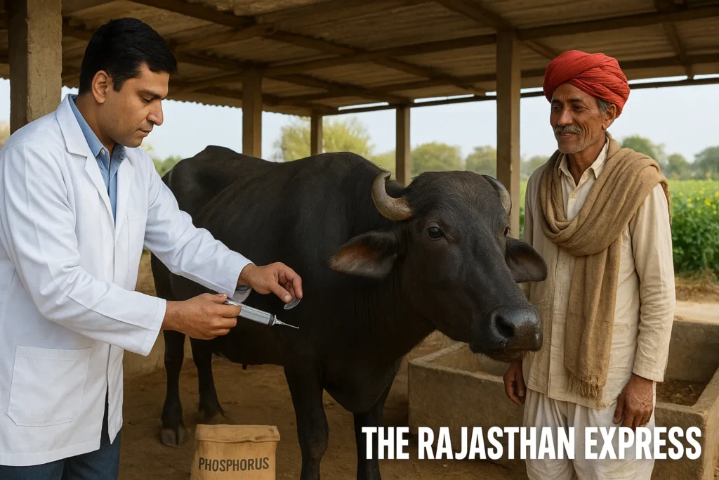 Positive scene of a veterinarian administering a Calcium Phosphorus injection to a healthy buffalo in a clean shed, with mineral mixture bags nearby for prevention.