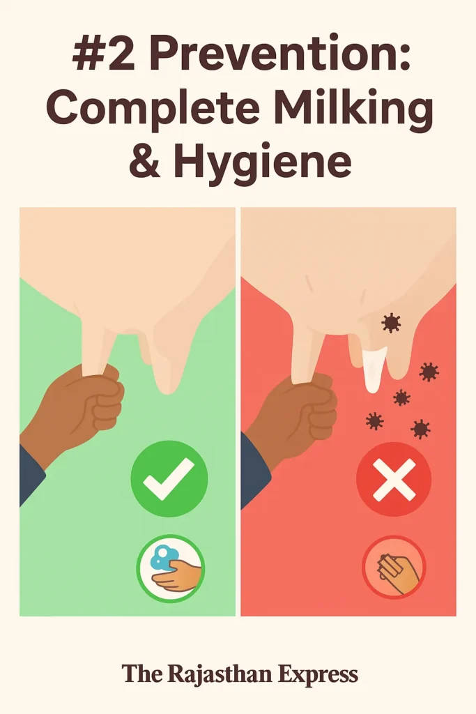 Infographic on the importance of complete milking and proper hygiene to prevent mastitis