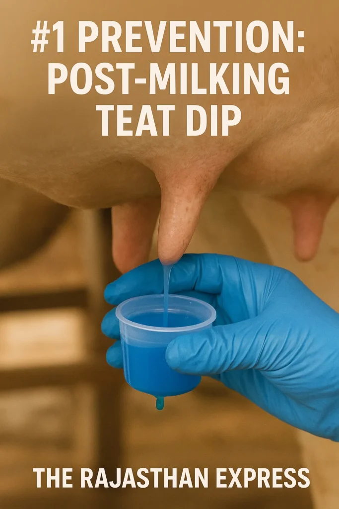 Farmer practicing essential mastitis prevention by dipping teats in antiseptic solution post-milking