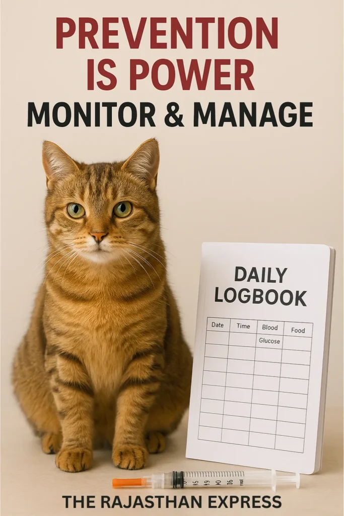 Well-managed diabetic cat with its insulin supplies and monitoring logbook to prevent diabetic ketoacidosis episodes