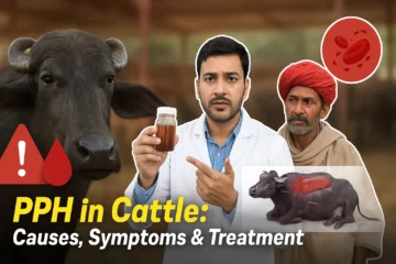 A veterinarian holds a clear container of reddish-brown coffee-colored urine from a healthy-looking buffalo, diagnosing Red Water Disease (Postpartum Haemoglobinuria) due to phosphorus deficiency on a Rajasthani farm.