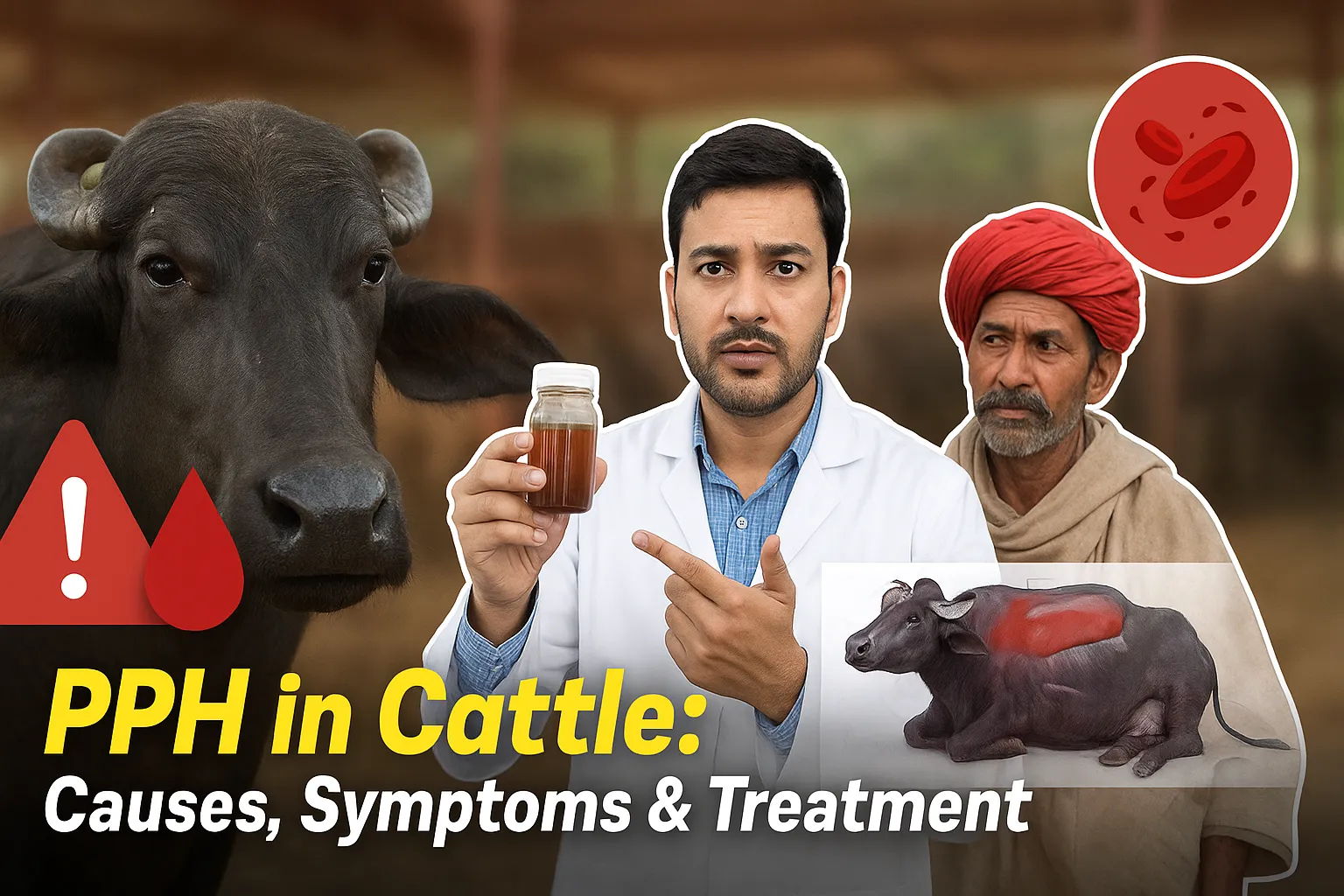 A veterinarian holds a clear container of reddish-brown coffee-colored urine from a healthy-looking buffalo, diagnosing Red Water Disease (Postpartum Haemoglobinuria) due to phosphorus deficiency on a Rajasthani farm.