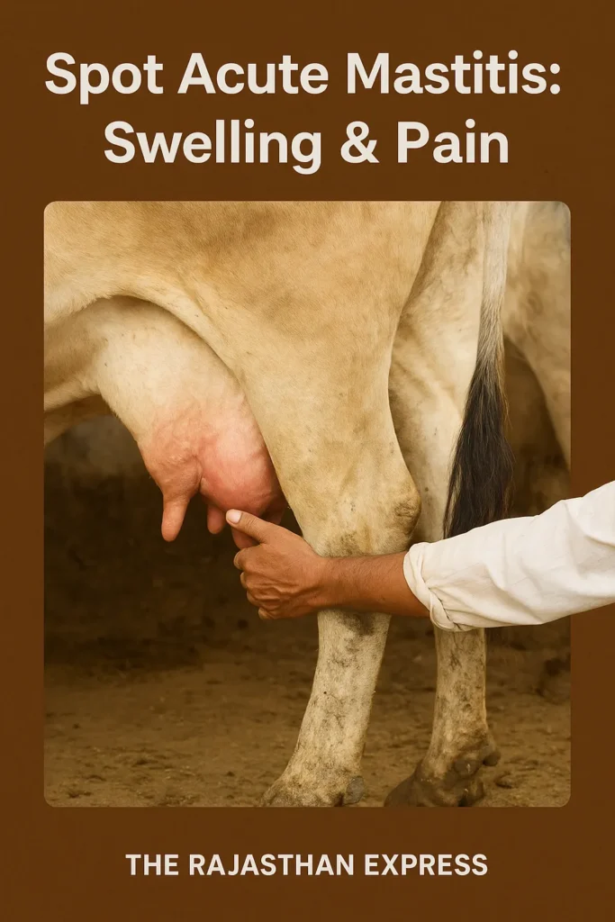 Farmer checking a swollen, painful udder quarter in a cow with acute mastitis