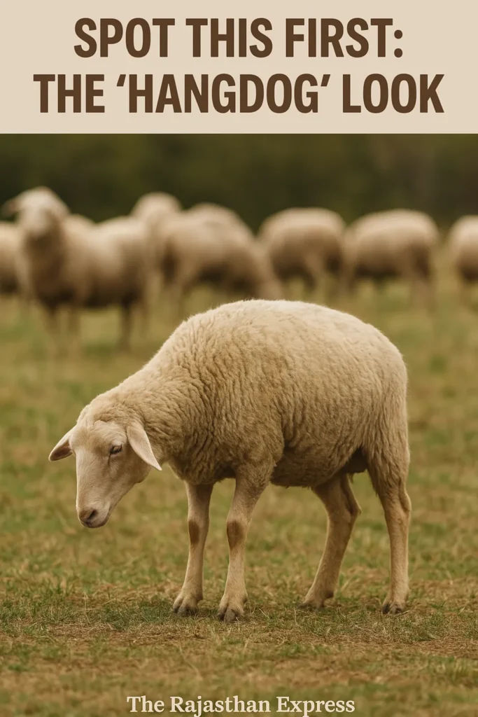 Pregnant ewe displaying the classic 'hangdog' posture, a key early warning sign for Pregnancy Toxemia