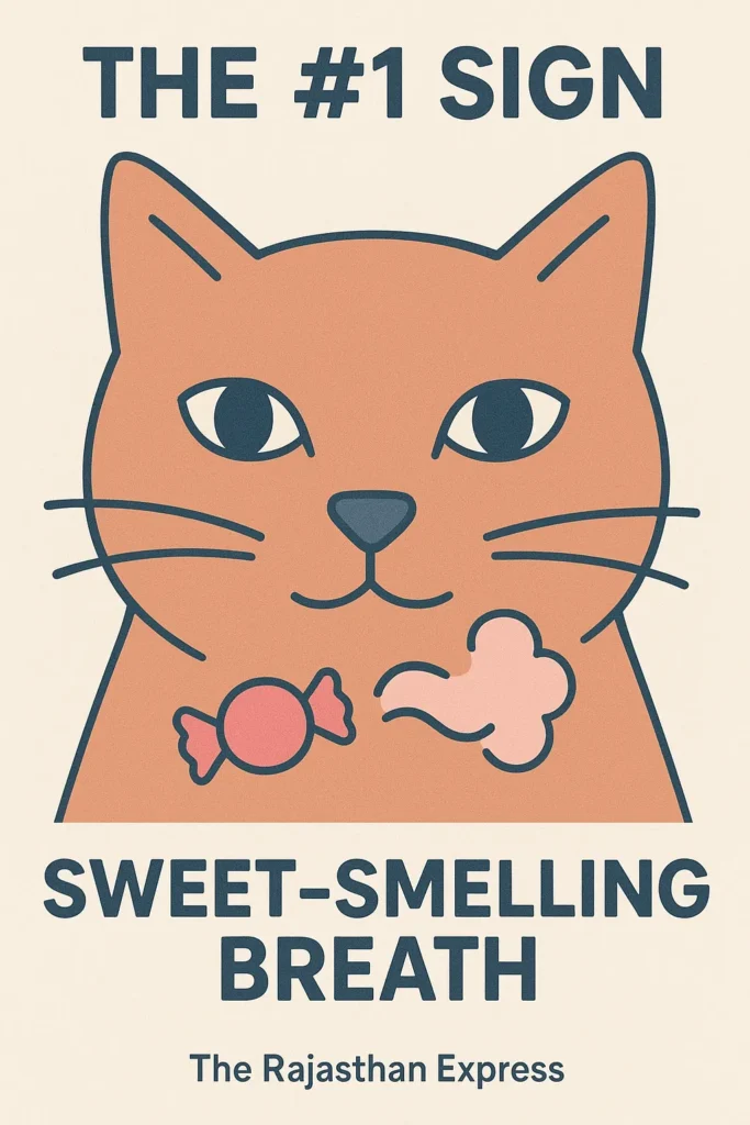 Close up of a cat's mouth highlighting the sweet, acetone-smelling breath that is a classic sign of ketoacidosis