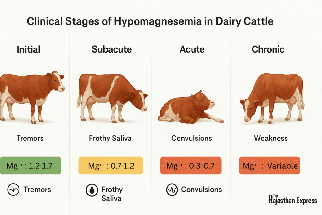 Four-stage veterinary infographic on Hypomagnesemia in cattle: from initial restlessness and twitching to subacute stiffness, acute convulsions, and chronic lethargy, including serum magnesium levels for each stage.