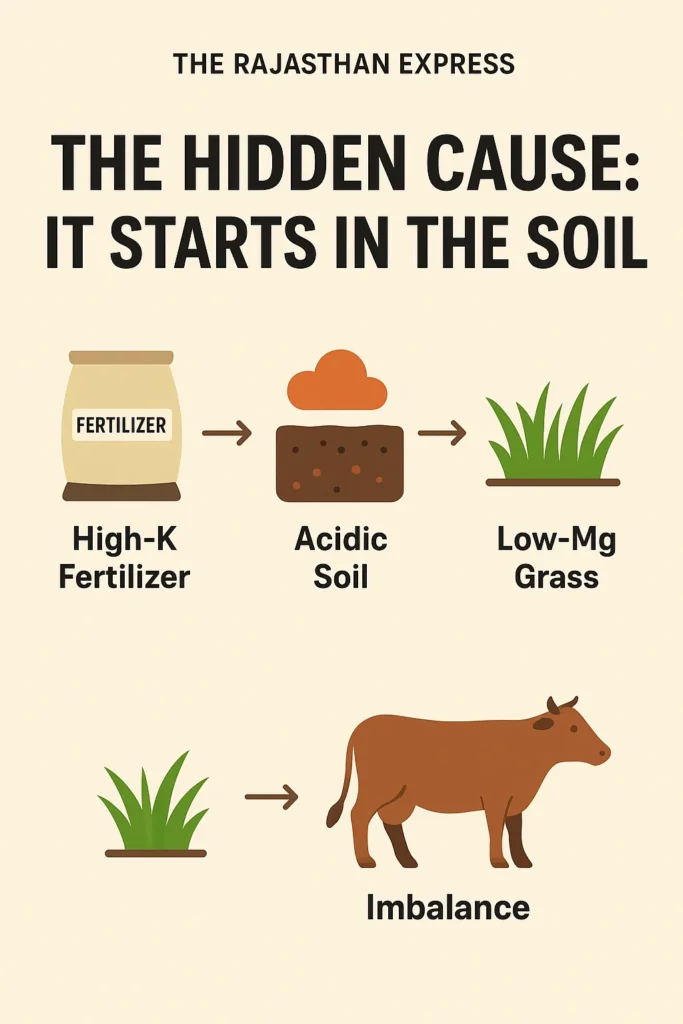 Diagram explaining the soil-plant-animal cycle causing magnesium deficiency in cattle leading to Grass Tetany