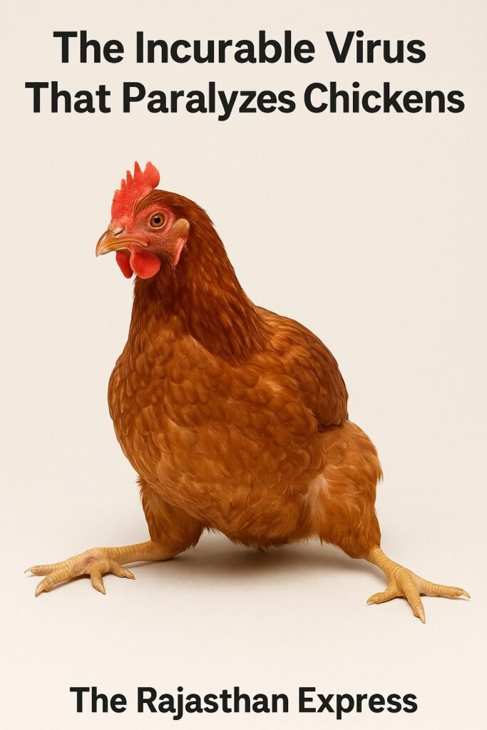 Hen displaying classic Marek's Disease paralysis with one leg forward and one leg back