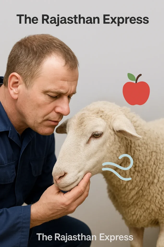 Farmer detecting the characteristic sweet, fruity acetone smell on the breath of a ewe with ketosis