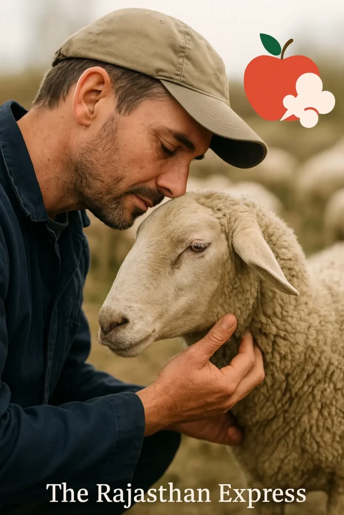 The Tell-Tale Sign Fruity Breath Smell A close-up shot of a farmer gently smelling the breath of a lethargic ewe