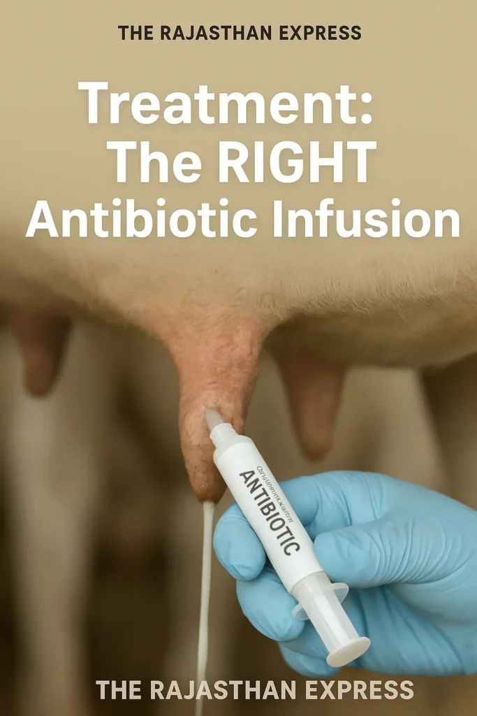 Correct technique for administering an intramammary antibiotic infusion to treat bacterial mastitis in a cow