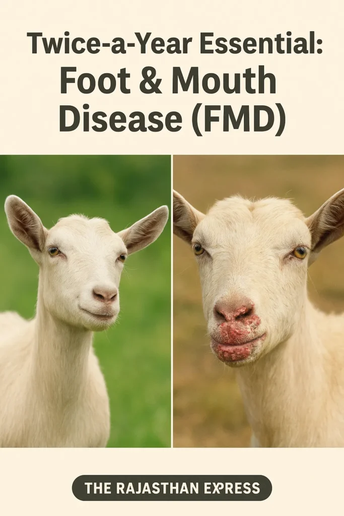 Comparison of a healthy goat and one showing classic FMD symptoms like oral blisters and lameness