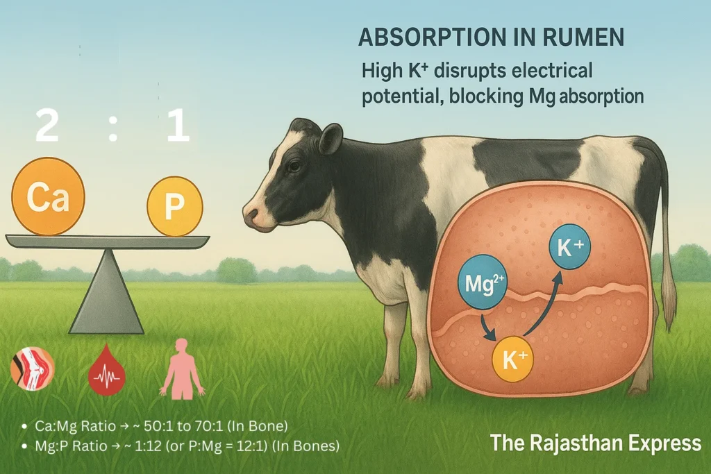 Veterinary infographic diagram showing how high potassium blocks magnesium absorption in a cow's rumen, explaining critical calcium to magnesium and phosphorus to magnesium ratios for cattle health.