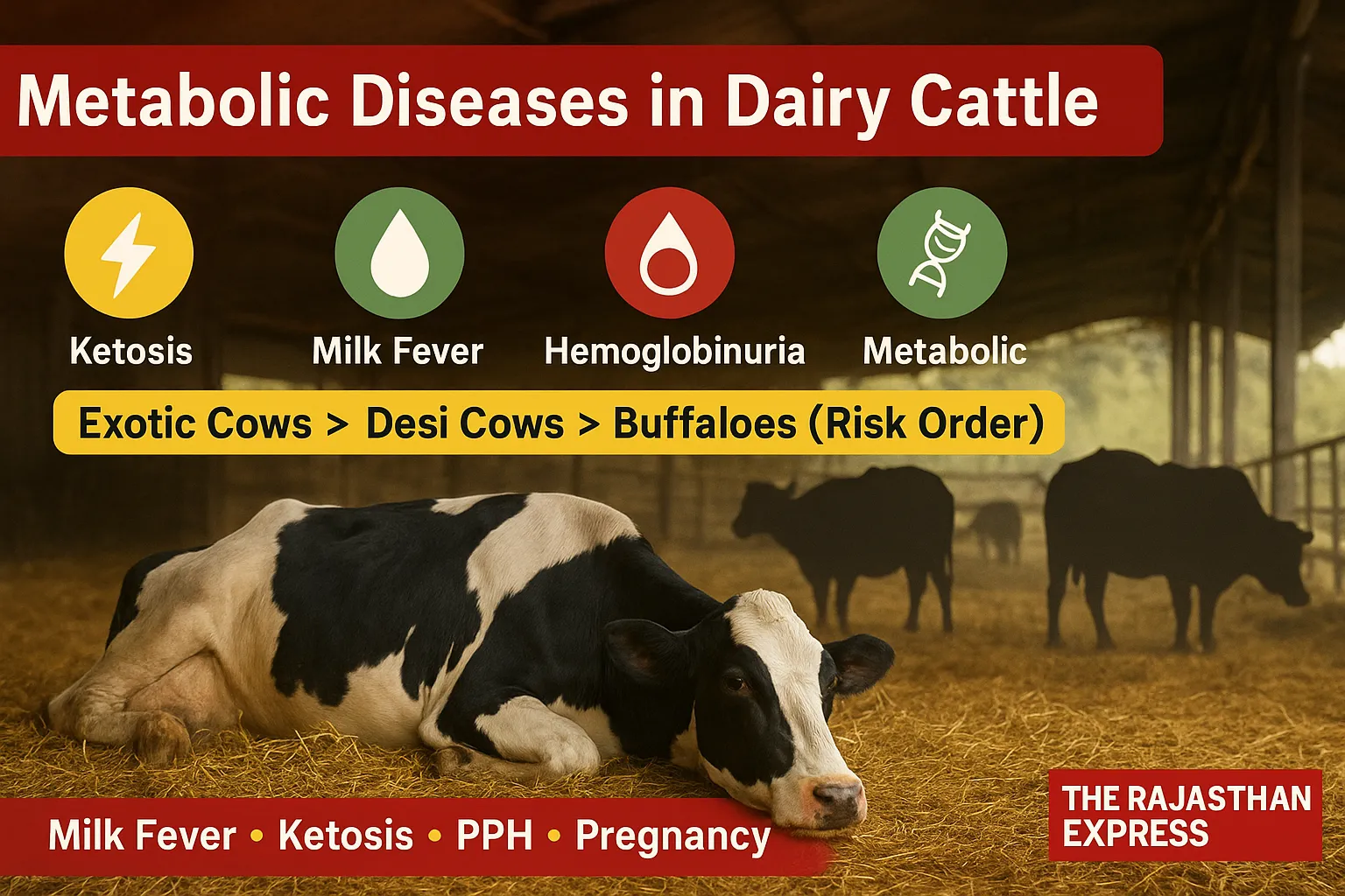 Metabolic diseases such as Milk Fever , Ketosis , and Downer Cow Syndrome can cause serious economic losses. Proper nutrition, mineral supplementation, and early detection are key to prevention and effective management.