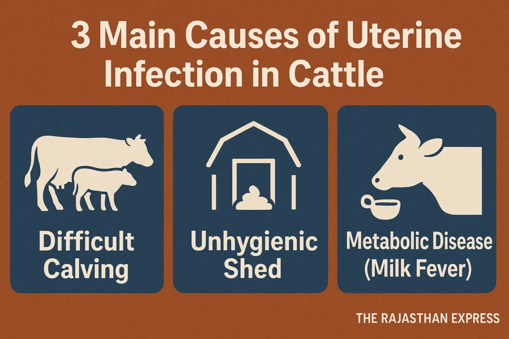 Infographic explaining the 3 main causes of uterine infection in cattle, including Dystocia, poor hygiene, and metabolic diseases. THE RAJASTHAN EXPRESS.