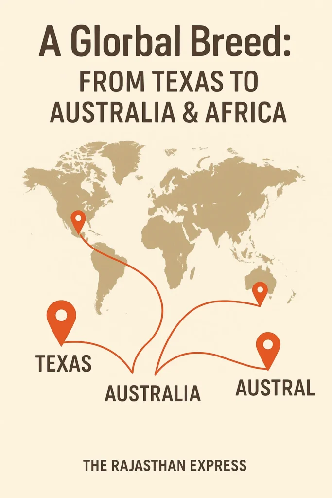World map graphic showing the global distribution of Santa Gertrudis cattle in the USA, Australia, Brazil, and South Africa.