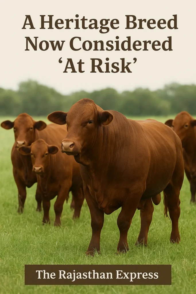 A small herd of dark red Santa Gertrudis cattle grazing together, a US heritage breed with at-risk status.